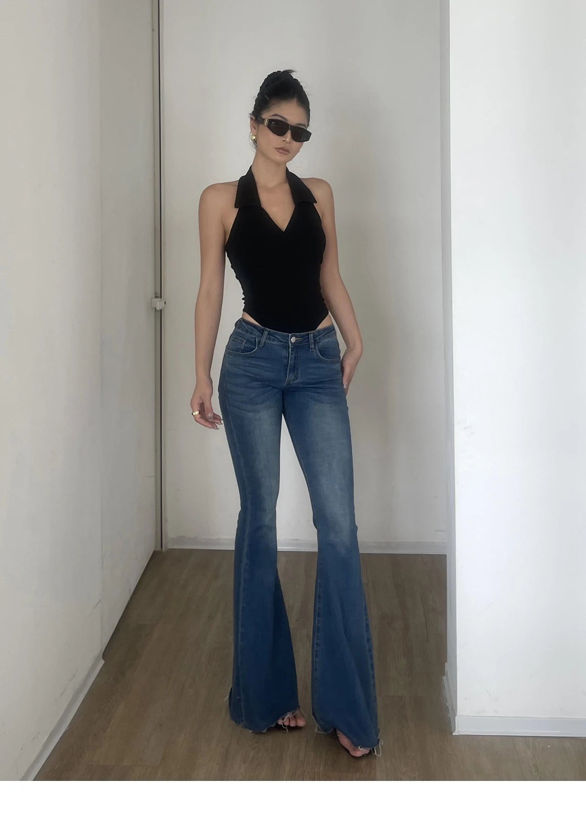 American Style Spicy Girl Sleeveless Polo Neck Solid Bodysuits Women's 2024 Summer New Sexy Backless High Waisted Slim Top Q29N