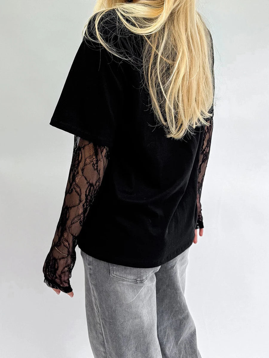 Women Round Neck T-Shirt Lace Long Sleeve Casual Shirts Spring Fall Loose Fit Tops Ladies Solid Color Tee for Streetwear Y2K 00s