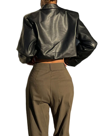 Women Crop Leather Jacket Solid Black Casual Long Sleeve Button Down Jacket Fall Outwear