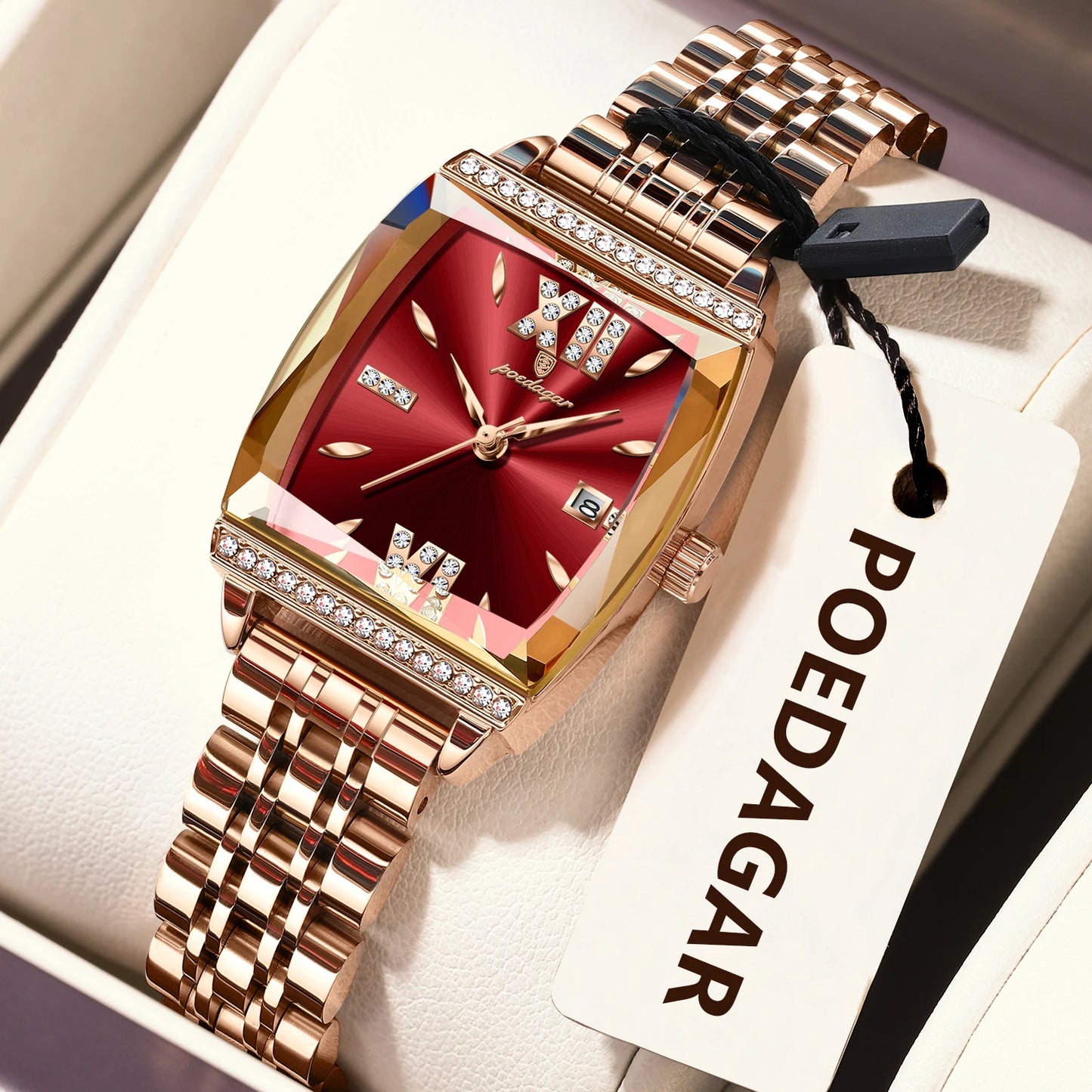 POEDAGAR Diamond Luxury Watch For Woman High Quality Waterproof Date Ladies Quartz Watch Stainless Steel Women Watches Reloj+Box 795 RoseGold Red
