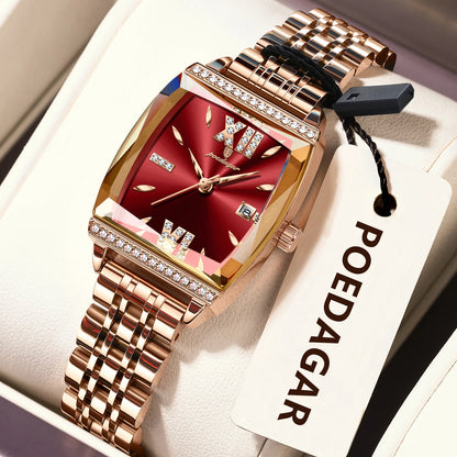 POEDAGAR Diamond Luxury Watch For Woman High Quality Waterproof Date Ladies Quartz Watch Stainless Steel Women Watches Reloj+Box 795 RoseGold Red