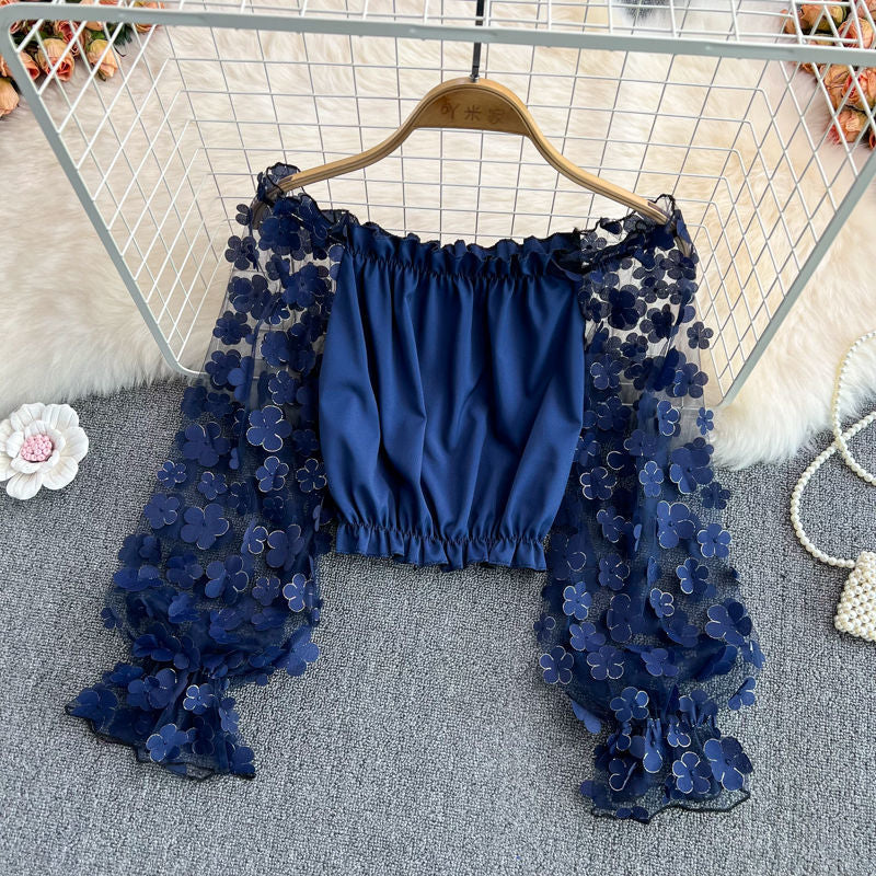 Off Shoulder Sexy Lace Blouses Women 2025 Spring Summer Korean Fashion Long Sleeve Tops Slim Flower Transparent Chiffon Shirts