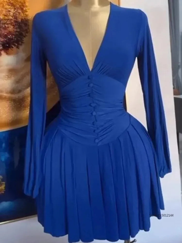 Women's Party Mini Dress 2025 Spring/summer Latest Casual Sexy Plunge Ruched Lantern Sleeve Button Daily A Line Short Skirt C