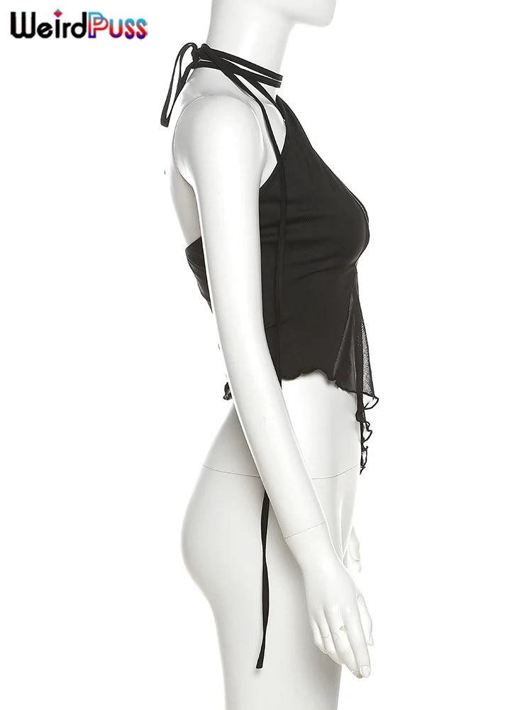 Weird Puss Cross Halter Women Tank Tops Hollow Out Backless Sleeveless Irregular Mesh Patchwork Solid Sexy Wild Party Clubwear