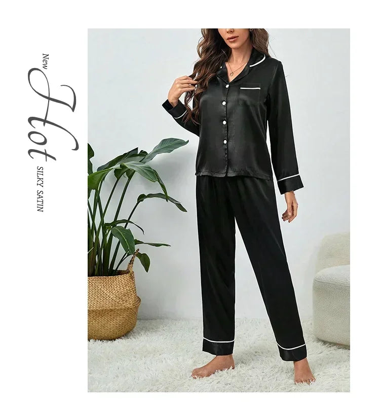 Spring Autumn Silk Pajamas Set for Women Casual Soft Nightwear Long Shirt Tops and Long Pants Cardigan Sleepwear Homewear