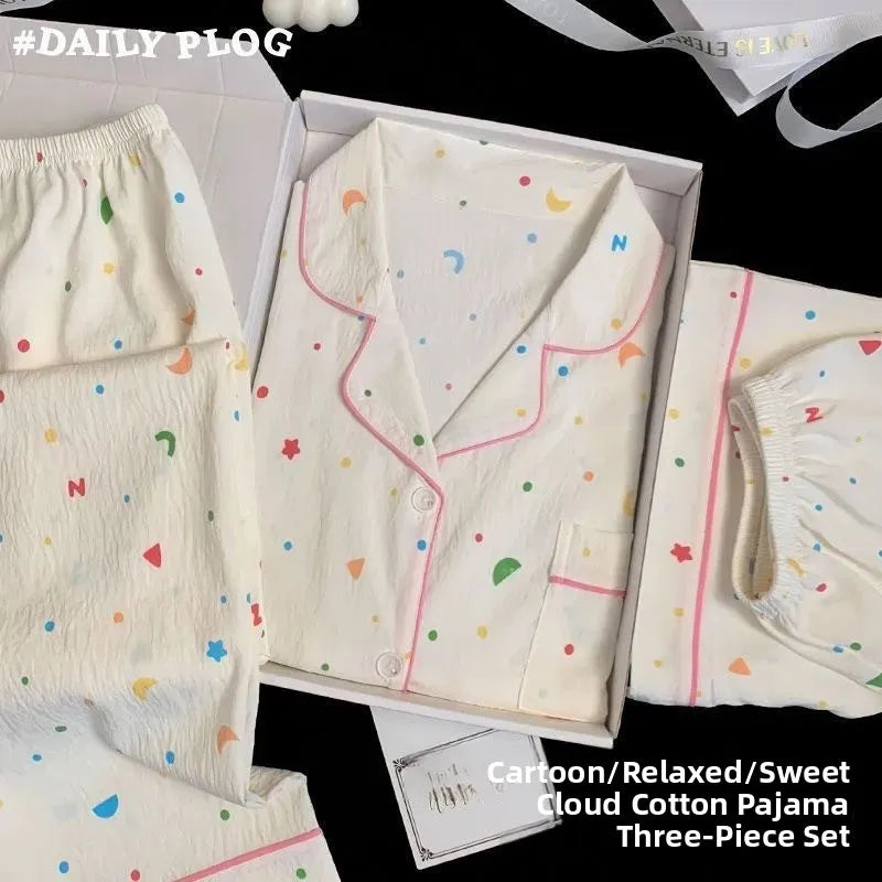 Summer Cloud Cotton Spwear Set Women's ort Sve Long Pants Home Clothes Cartoon Print Comfortable Breathable Nightgown