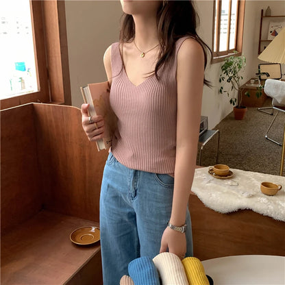 Solid Color Basic Women's Vest Tank Top Solid Color Knitted Tees Top Cropped Top Camisole Sweater V-neck Summer Sleeveless