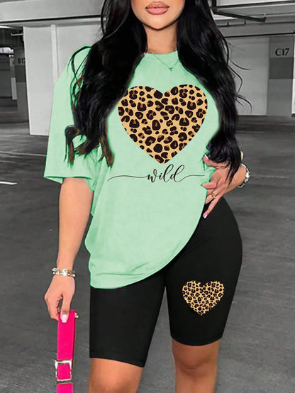 Leopard Heart Pattern Printing Shorts Sets Fashion Cartoon Women'S Two Piece Set Breathable Comfortable Short Sleeved Shorts Set Badiee Stylez
