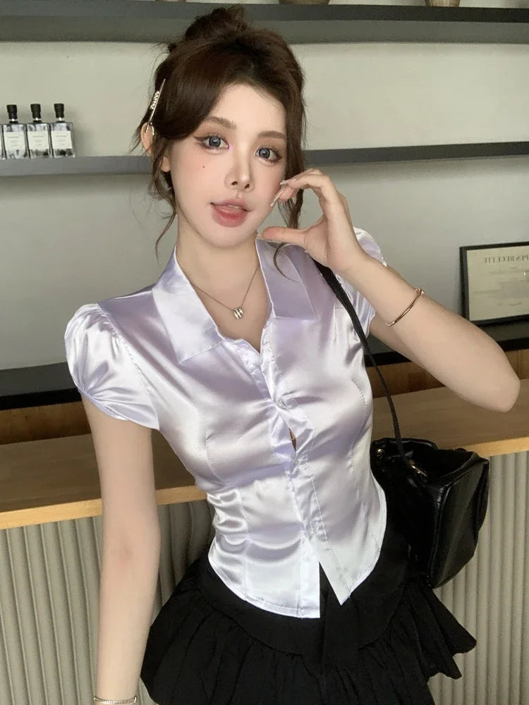 Summer Sexy Silk Shirts Women 2025 Korean Fashion Clothes Short Sleeve Button Up Ladies White Puff Sleeve Crop Tops and Blouses