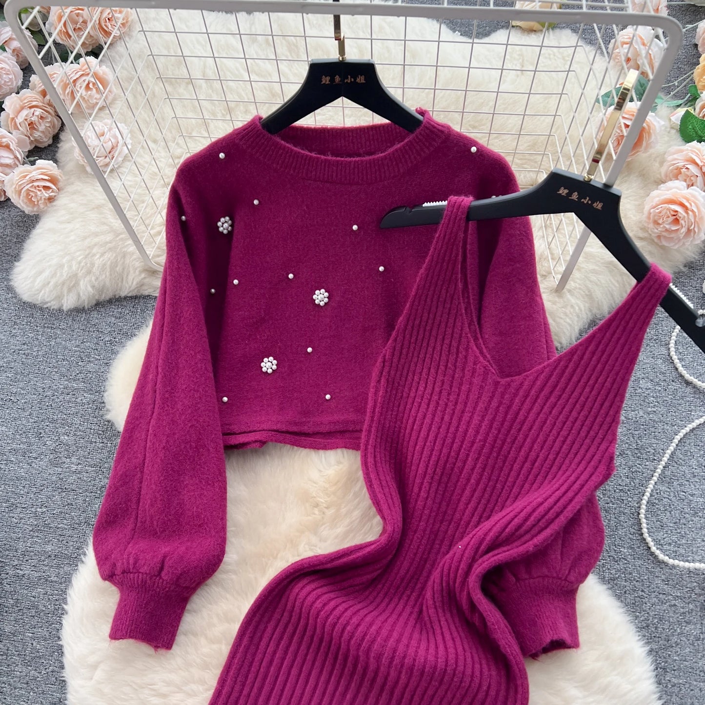 SINGREINY Beading Casual Two Piece Set Women Long Sleeve O Neck Pullover Midi Dress Fashion 2023 Winter Sweater Suit Dresses Badiee Stylez