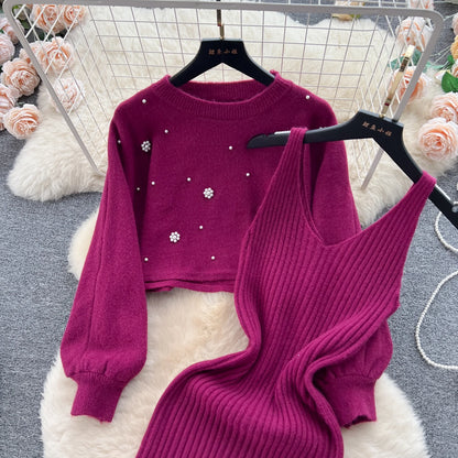 SINGREINY Beading Casual Two Piece Set Women Long Sleeve O Neck Pullover Midi Dress Fashion 2023 Winter Sweater Suit Dresses Badiee Stylez