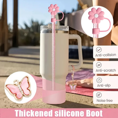 6pcs Reusable Accessories Set for Stanley 40oz Tumblers - Bow Straw Covers, Sparkling Straw, Protective Boot, Charm Chains Badiee Stylez