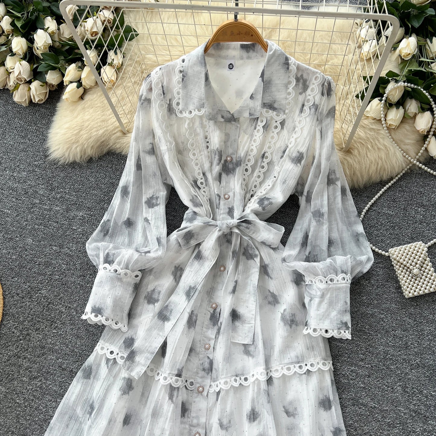 Chic vintage rhinestone lace-up slim Elegant Fairy korean fashion Boho Sundress women clothing Long dress