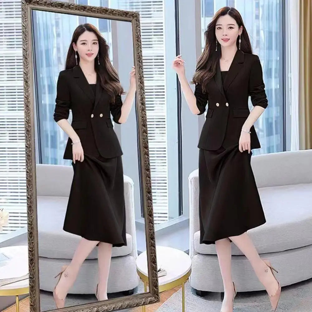 2Pcs/Set Summer Women Suit Dress Outfit Solid Color Mid-length Lady Dress Sets Light Luxury Commute Sling Dress Coat Set