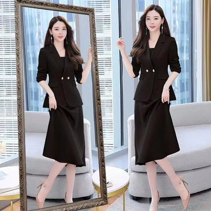 2Pcs/Set Summer Women Suit Dress Outfit Solid Color Mid-length Lady Dress Sets Light Luxury Commute Sling Dress Coat Set