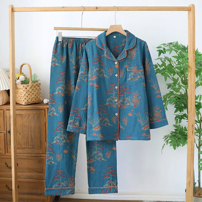 2025 New Spring and Autumn Women's Pajama Set 100% Cotton Retro Color Woven Home Clothes Long Sleeve Long Pants Two Piece Set 02