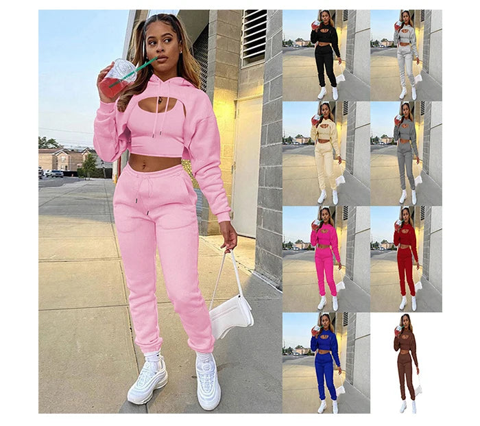 Women 3 Pieces Sets Sweatpants and Hoodie Set Cropped Tops Fleece Pants Suit Tracksuit Fitness Sport Jogger Outfit Clothing