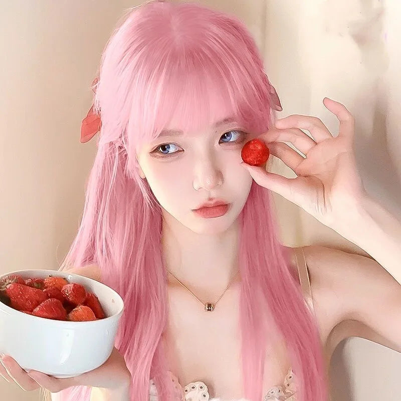 Pink Long Straight Synthetic Wig Air Fringe White Woman Daily Cosplay Party Heat Resistant Full Headgear For Halloween