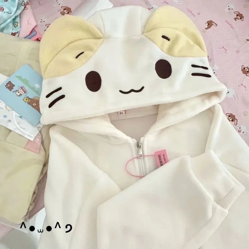 Kawaii Lolita Style Women Fleece Hoodies Cutecore Oversize Japanese Soft Girl Zipper Sweatshirt Casual Cartoon Cardigan Jacket WHITE