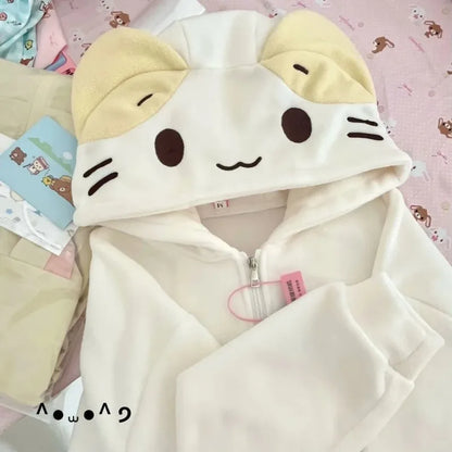 Kawaii Lolita Style Women Fleece Hoodies Cutecore Oversize Japanese Soft Girl Zipper Sweatshirt Casual Cartoon Cardigan Jacket WHITE