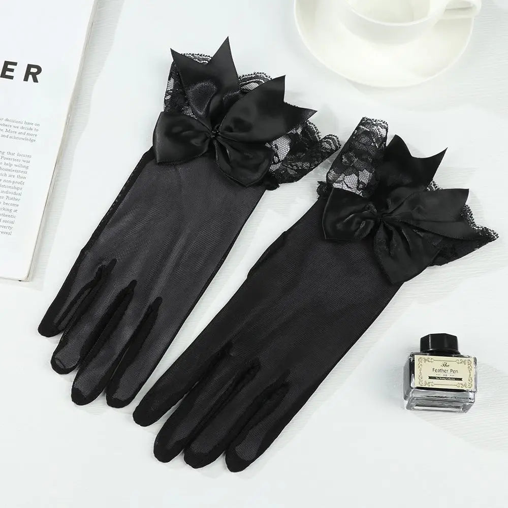Fashion Bride Bow Lace Chiffon Gloves Women White Gloves Sunscreen Driving Gloves Marriage Party Accessories
