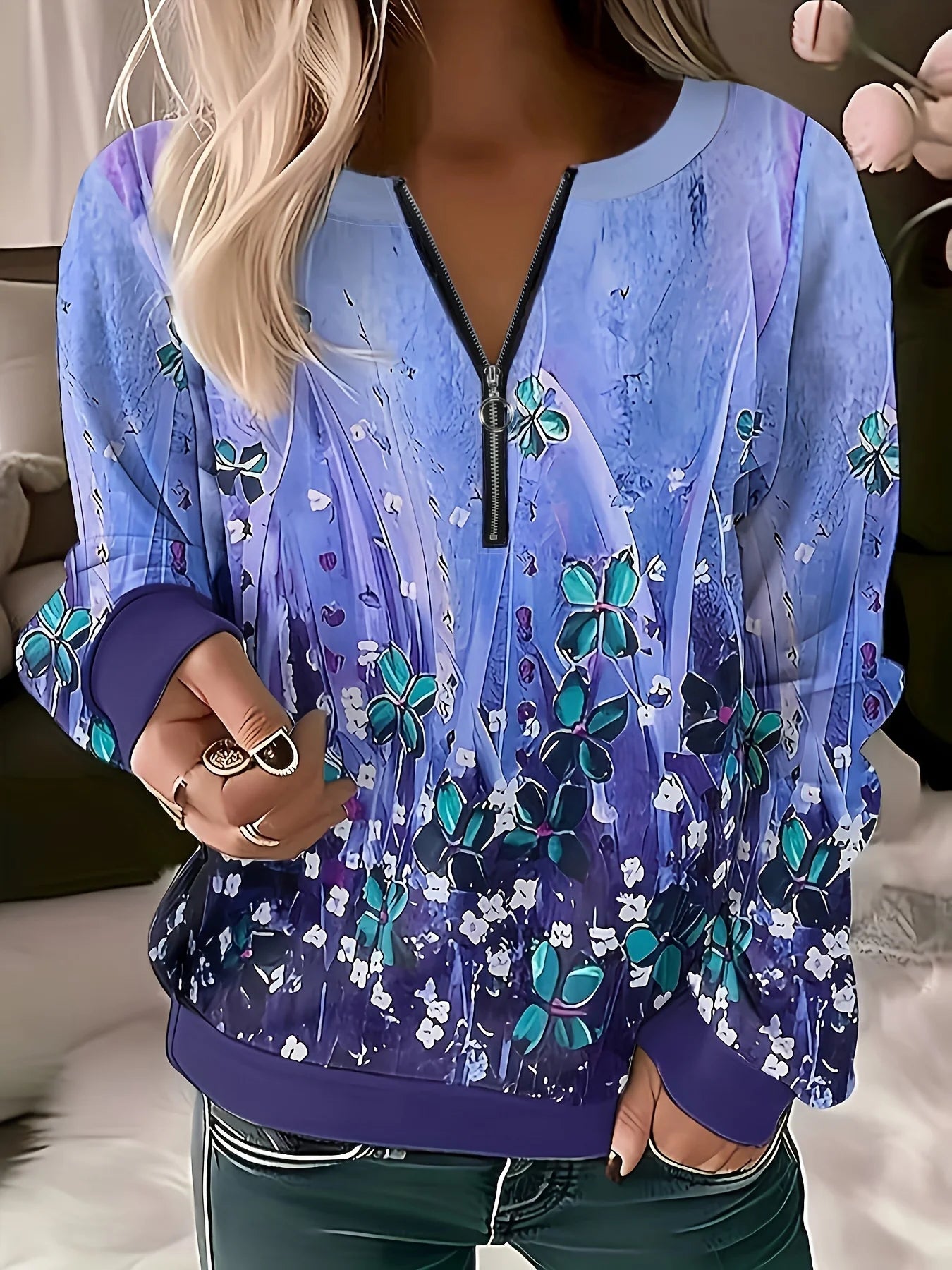 Plus Size Womens Woven Sweatshirt Purple Floral Print Fashion Style Zipper Neck Long Sleeve Top Loose Casual Wear For Spring Aut