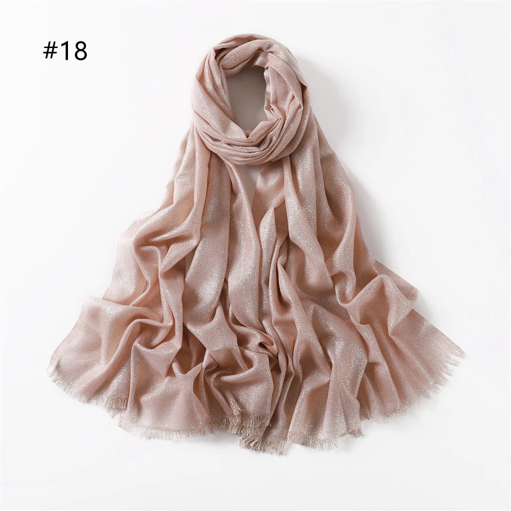 Lastest Brand Design Scarf Shiny Solid Color Shawls Rayon Fabric Gold Silk Silver Wire Head Shawl Fringe Hijab For Women
