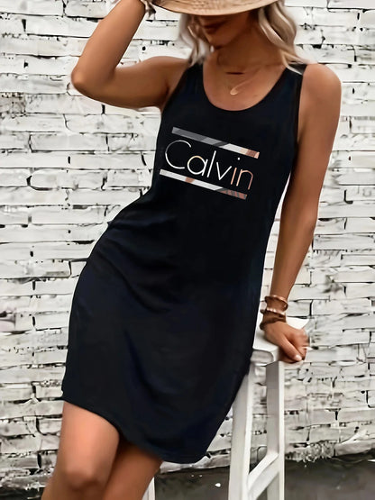 Women's summer loose casual fashion Calvin letter pattern printed vacation punk style mine black sleeveless vest dress