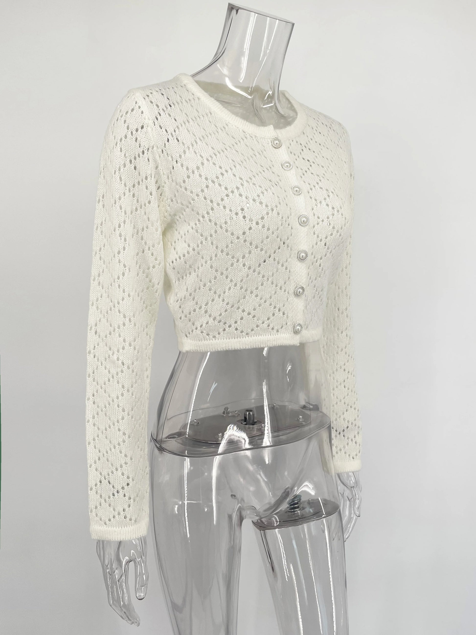 Tossy Summer Knitwear Hollow Out Cardigan Female Long Sleeve Casual Cropped Top Patchwork See-Through Knit Cardigan Outwear 2025