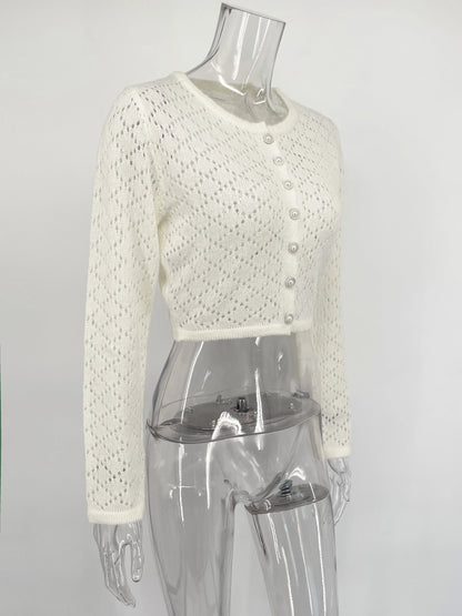 Tossy Summer Knitwear Hollow Out Cardigan Female Long Sleeve Casual Cropped Top Patchwork See-Through Knit Cardigan Outwear 2025