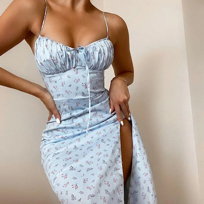 Women Elegant Floral Beach Vacation Bodycon Streetwear Long Dress 2024 Summer Clothes Wholesale Items For Business 752-Blue