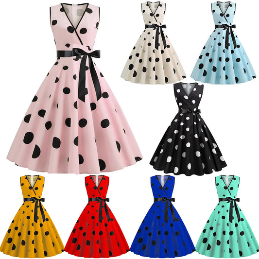 Summer V-neck sleeveless polka dot lace-up waist tucked vintage swing dress