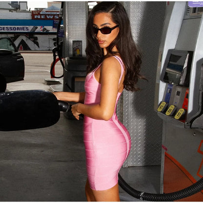 Pink Pleated Knitted Bandage Dress Women Sexy U Neck Sleveeless Slim Vestidos 2025 Summer Party Birthday Lady Mini Dresses Chic