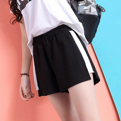 Women's summer high elasticity drawstring wide leg short S-3XL oversized sports underwear with side bar splicing sports shorts