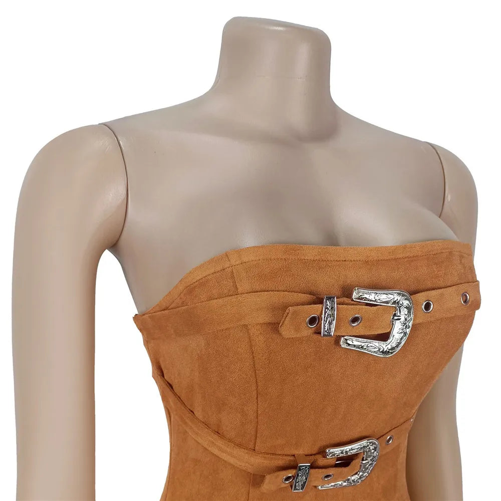 RLMABABY Sexy Strapless Tassel Bodycon Mini Dress Women Gown Slim Backless Sleeveless Metal Buckle Club Party Sheath Short Dress