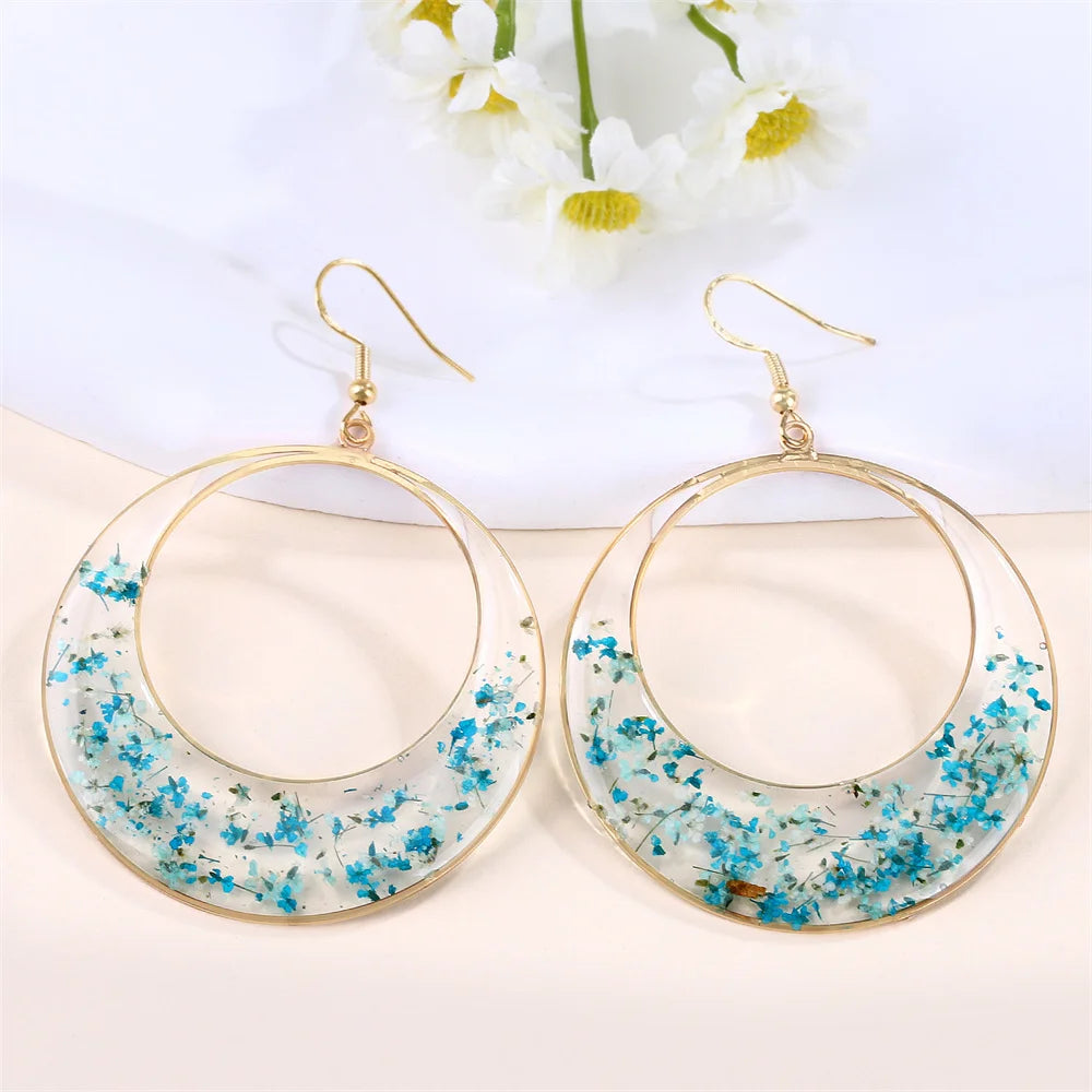 New In Earrings Dried Flower Crystal Dangle Hoop Earrings For Women Stainless Steel Diycharm Long Earring Cute Jewelry Wholesale