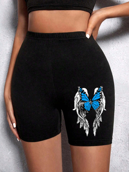 Casual Women Fitness Short Pantsbeautiful Dreamy Purple Butterfly Prints Leggings Short High Elastic Soft Thin Female Sportswear Black 3