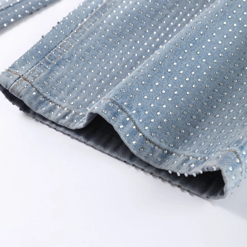 Y2k Women Shiny Rhinestone Denim Pants Wide Leg Straight Full Diamond Jeans for Female Dragging High Street Outwear Trousers