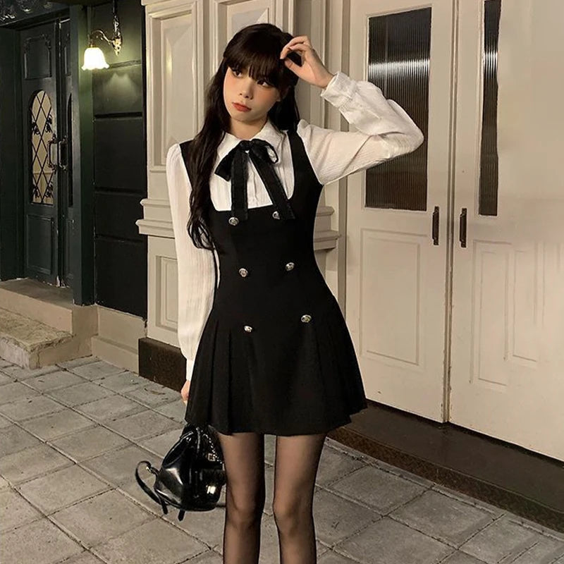 Fake Two-piece Dress Women Preppy Style Bow Buttons Long Sleeve A-line Mini Dress