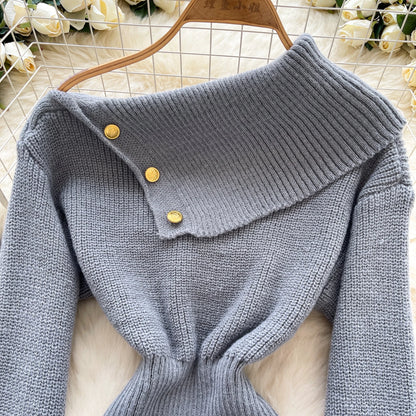 SINGREINY Autumn Knitwear Bodycon Dress Diagonal Collar High Elastic Slim Fit Design Female Light Luxury Solid Sweater Dress
