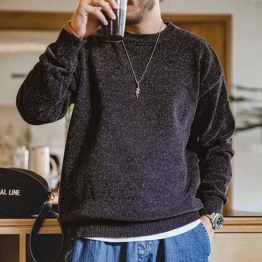 Maden Casual Chenille Round Neck Sweater for Men Warm Skin-friendly Beige Knitwear Autumn Winter Basic Solid Color Soft Sweater Badiee Stylez