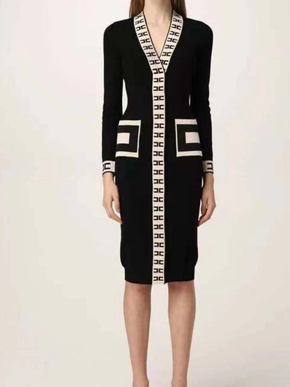 Women's Casual Dress V-neck Knit Elegant Long Sleeve Waisted Slim Fit Women Dresses Black Free Size Badiee Stylez