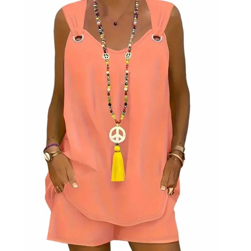 Women's Plus Size Solid Crew Neck Casual Two-Piece Set Tank Top Grommet Eyelet Detail & Trendy Comfortable Shorts