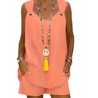 Women's Plus Size Solid Crew Neck Casual Two-Piece Set Tank Top Grommet Eyelet Detail & Trendy Comfortable Shorts