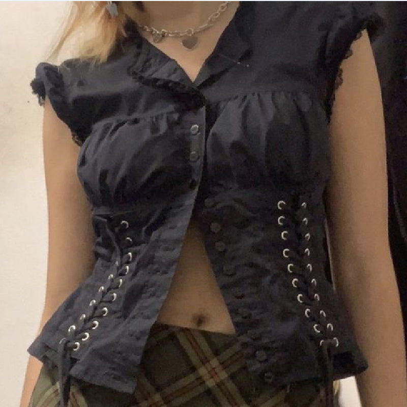 Dourbesty Chic Bandage Crop Top Y2k Vintage Grunge Black T-Shirts Women Button Slim Croset Aesthetic Punk Style Gothic Bustiers