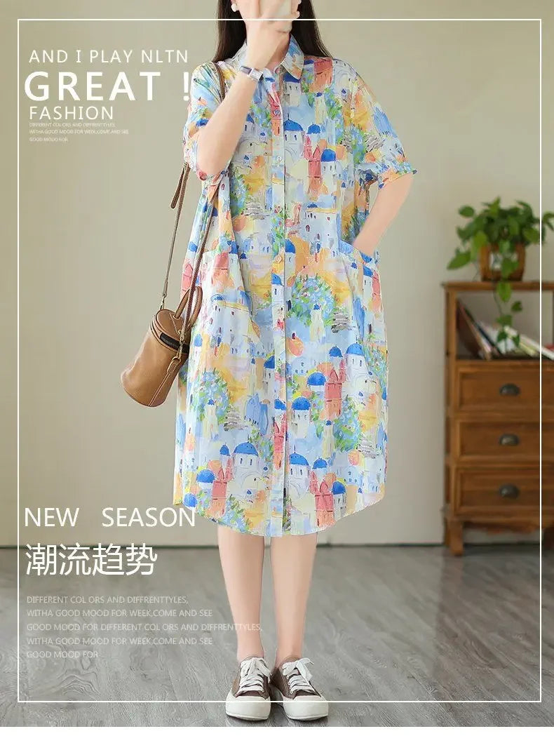 Fashionable Cartoon Printed Short-sleeved Shirt Skirt for Women in Summer Loose Dress