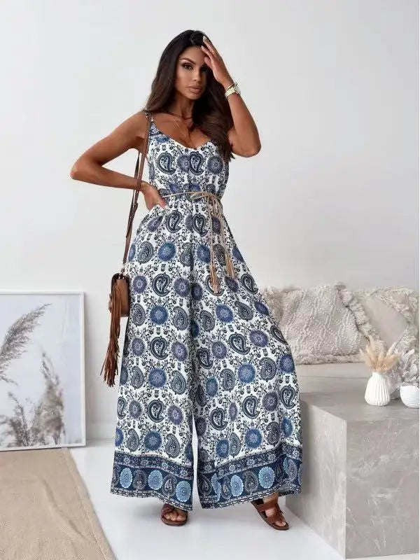 New Women's Wide Leg Jumpsuit V-Neck Strapless Belted Print New Style Short Pants