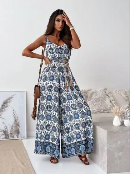 New Women's Wide Leg Jumpsuit V-Neck Strapless Belted Print New Style Short Pants
