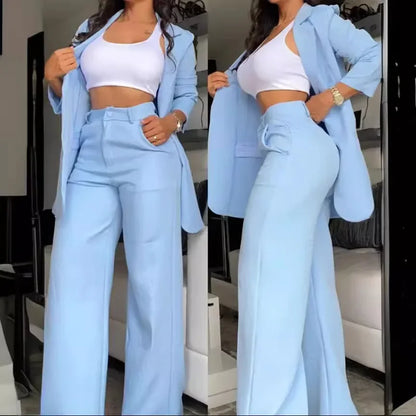 Two Piece Set Women Outfit Autumn Fashion Collar Long Sleeve Blazer Coat & Elegant Pocket Design Work Pants Set SKY BLUE