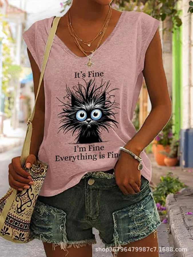 Summer New Women T-shirt Cute Cat 3d Fitness Tank Top Camisole Women Fashion V-Neck Short Sleeve T shirt Ladies Tops Tees Kawaii A3KF5A251914P